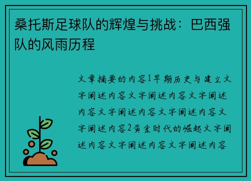 桑托斯足球队的辉煌与挑战：巴西强队的风雨历程